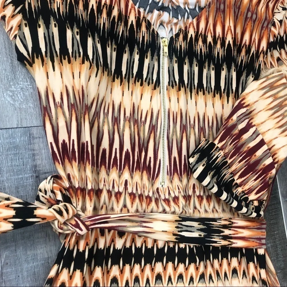Tacera Black Rust and Maroon Midi Dress V Neck Gold Zipper Size M
